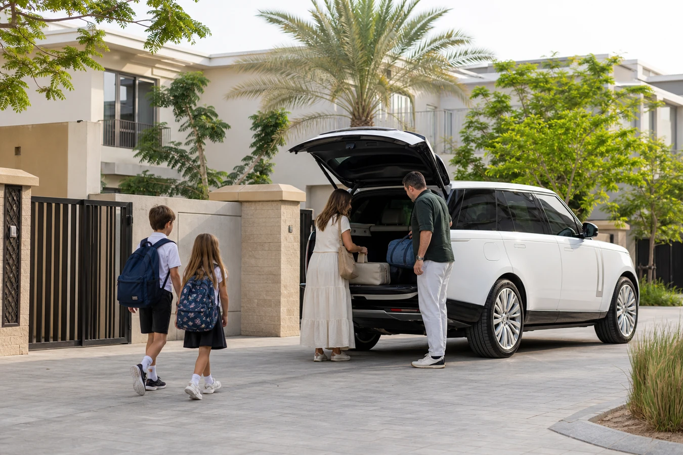Family luxury car rental Dubai school holidays hero with a Range Rover at a Dubai Hills villa driveway