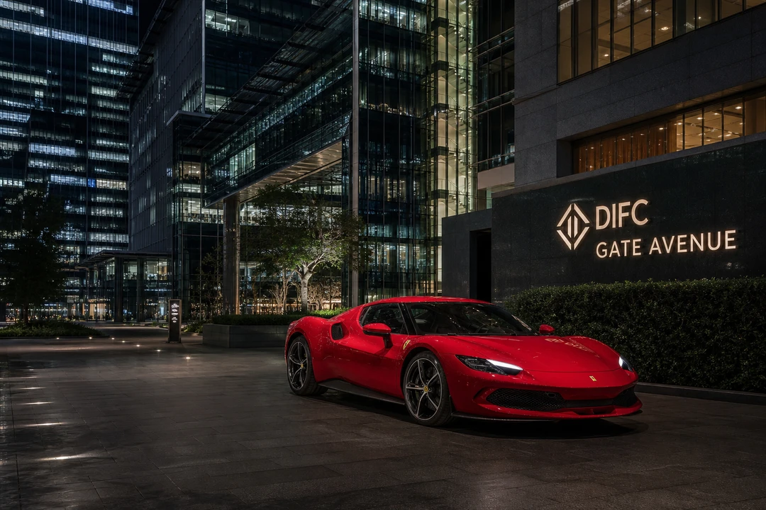 Ferrari 296 GTB at DIFC Gate Avenue with illuminated towers for Dubai night-drive experiences