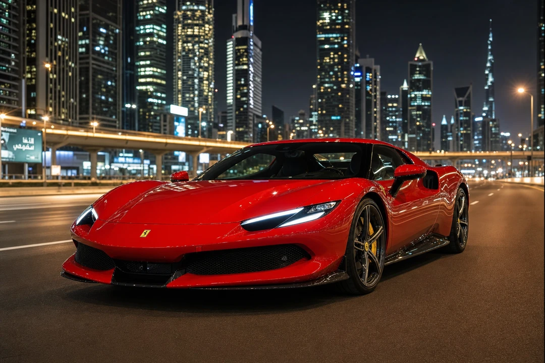 Ferrari 296 GTB exterior on Sheikh Zayed Road at night for Dubai supercar rental plans