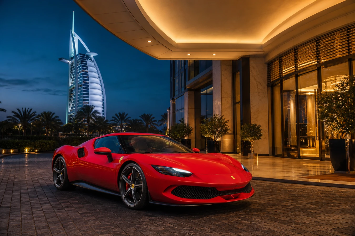 Ferrari 296 GTB rental Dubai guide hero at a luxury hotel porte-cochère at blue hour