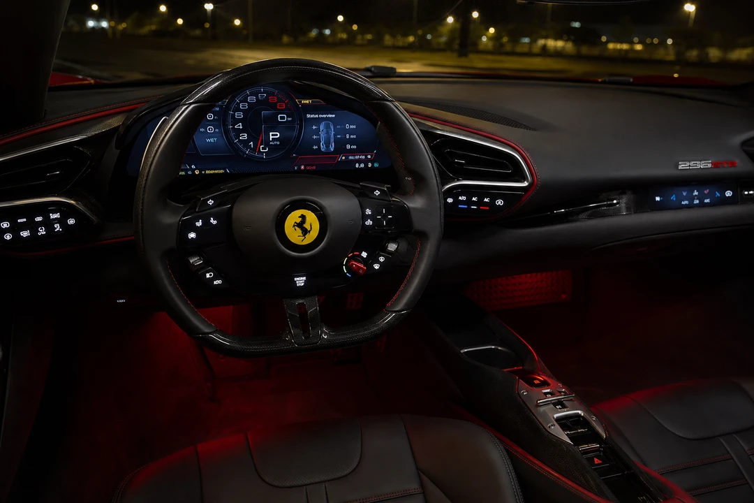 Ferrari 296 GTB interior cockpit with ambient lighting for night drives in Dubai