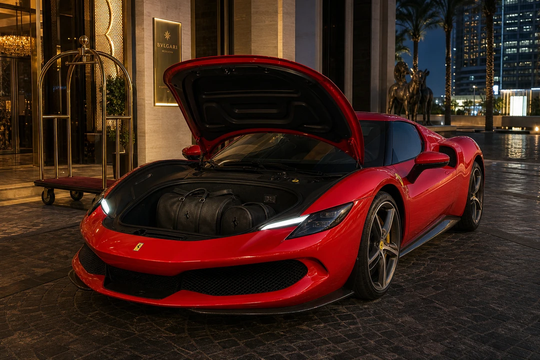 Ferrari 296 GTB front luggage space with weekend bags for a two-seat Dubai hotel stay