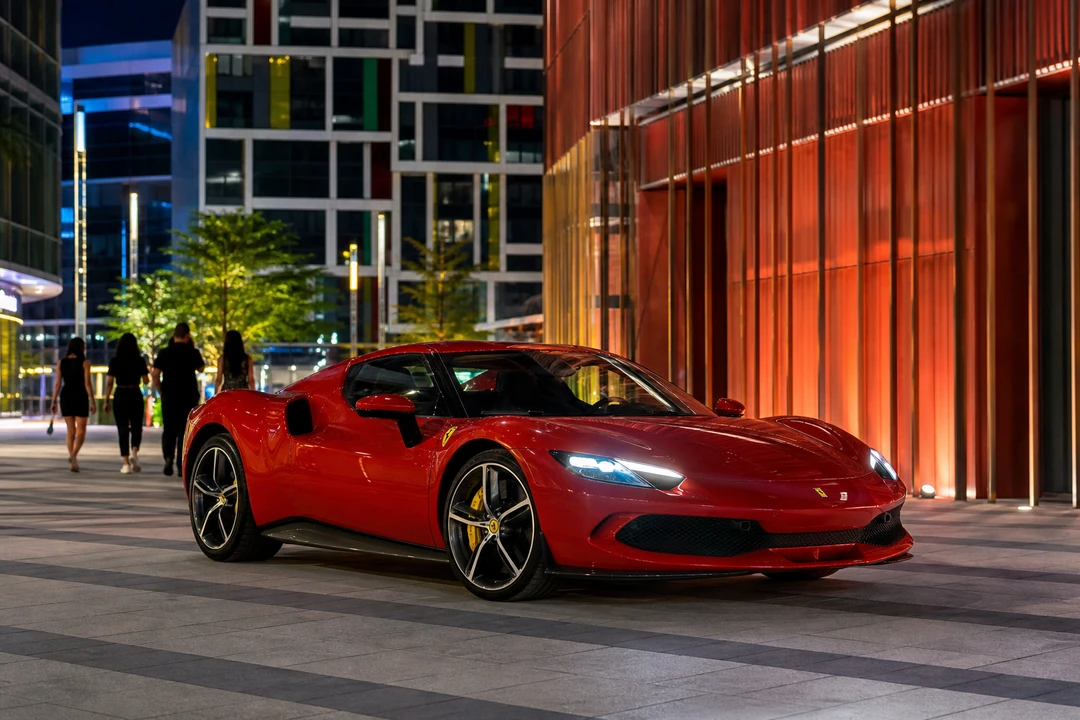 Ferrari 296 GTB at Dubai Design District after dark for supercar rental Dubai compact hybrid evenings