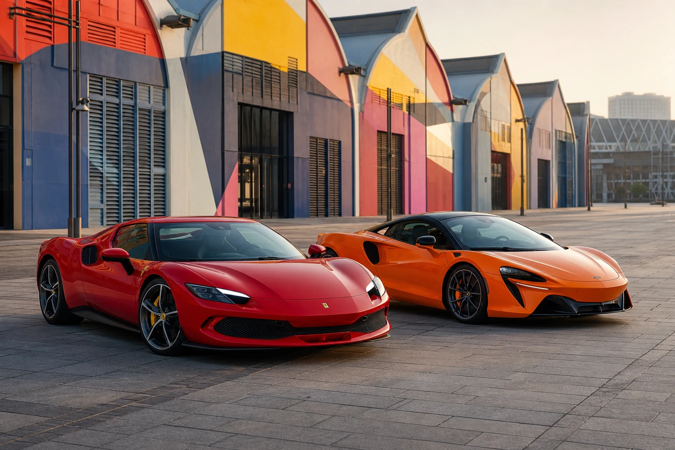 Ferrari 296 GTB vs McLaren Artura Dubai hero with a red 296 GTB and papaya Artura coupe at Dubai Design District