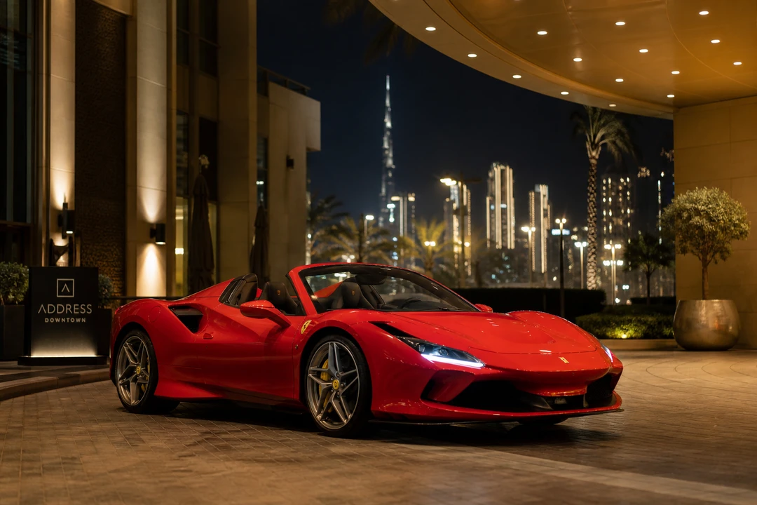 Ferrari F8 Tributo Spider at a Downtown Dubai hotel porte-cochere for Ferrari car rental Dubai evening arrivals
