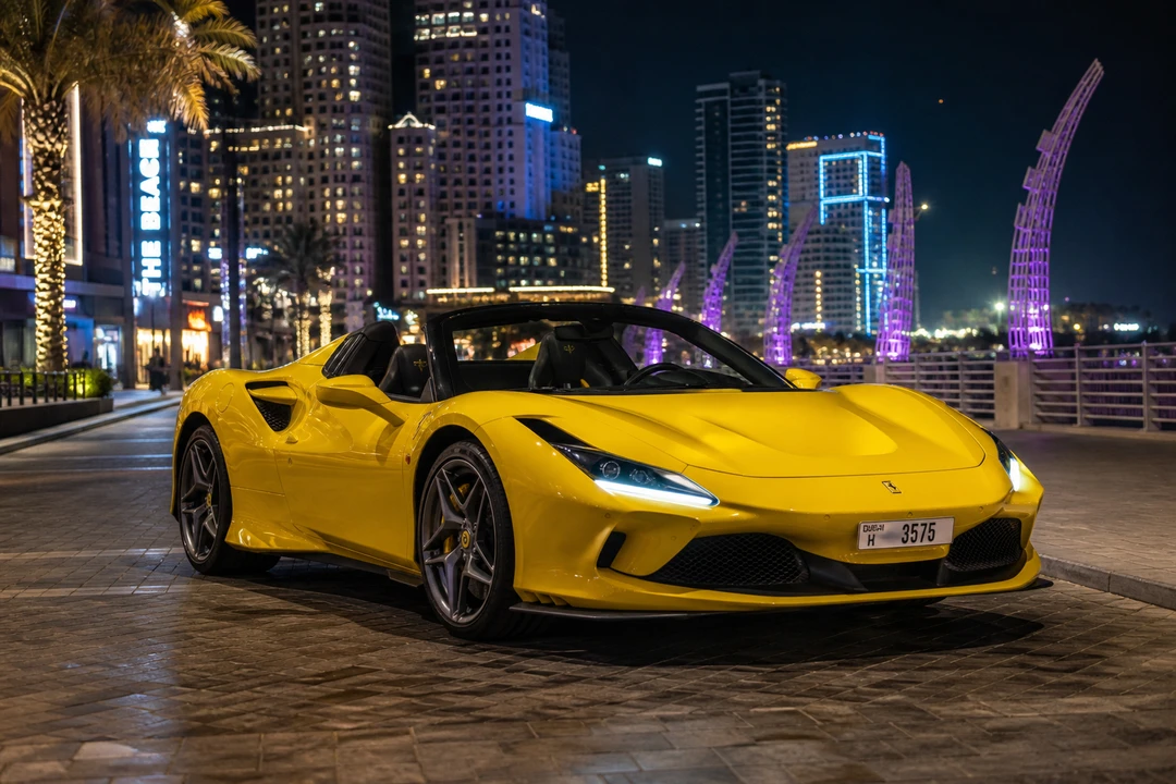Ferrari F8 Tributo Spider exterior on JBR Beach Road at night for rent Ferrari F8 Tributo Spider Dubai plans