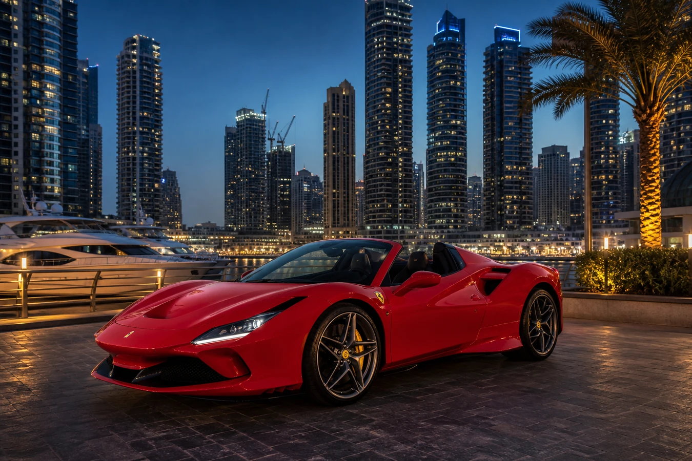 Ferrari F8 Tributo Spider rental Dubai guide hero with open-top V8 on Dubai Marina Walk at blue hour