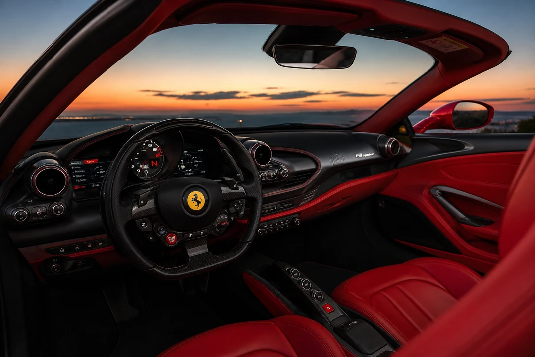 Ferrari F8 Tributo Spider cockpit with carbon wheel and open sky for Dubai evening convertible drives