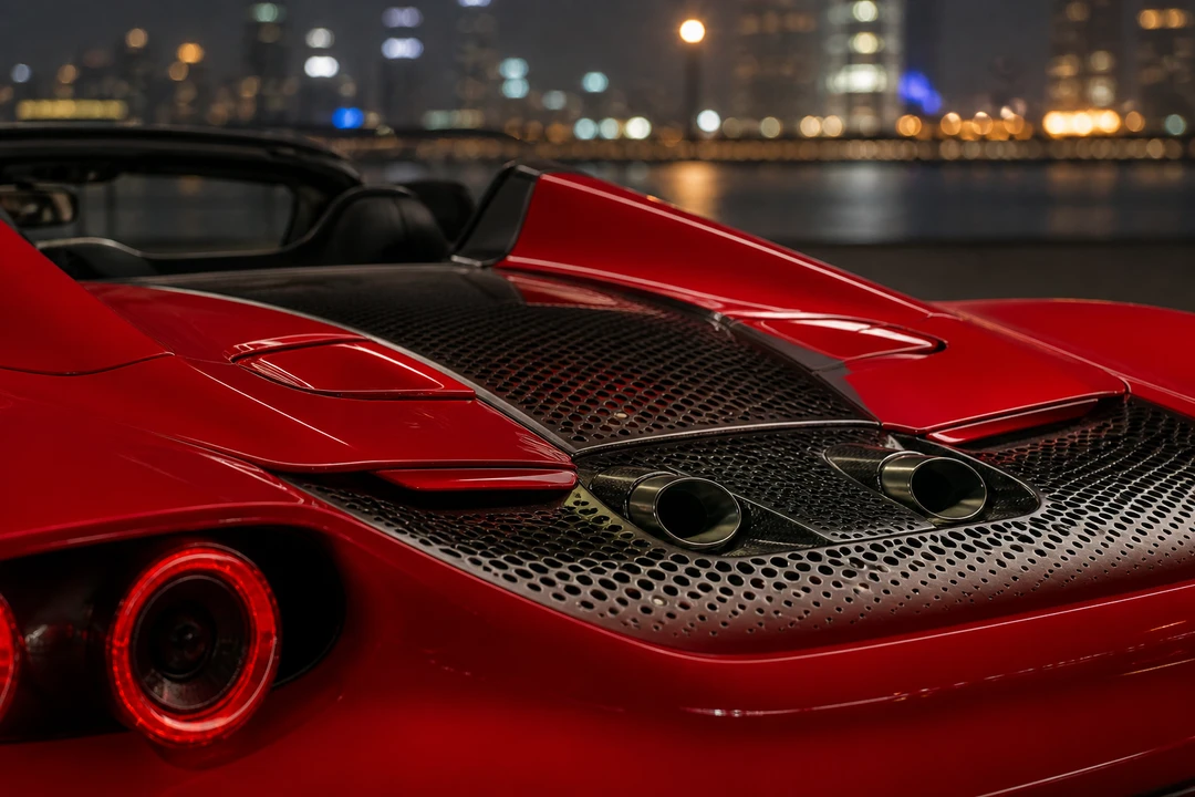 Ferrari F8 Tributo Spider rear engine cover and buttress detail for open-air V8 character