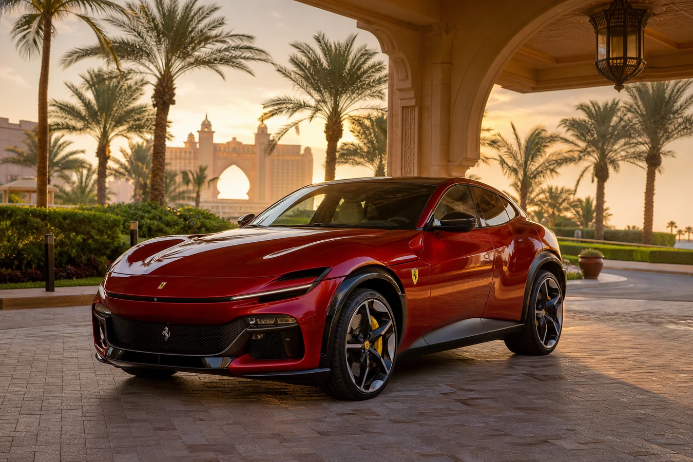 Ferrari Purosangue rental Dubai guide hero at a Palm Jumeirah resort porte-cochere at golden hour