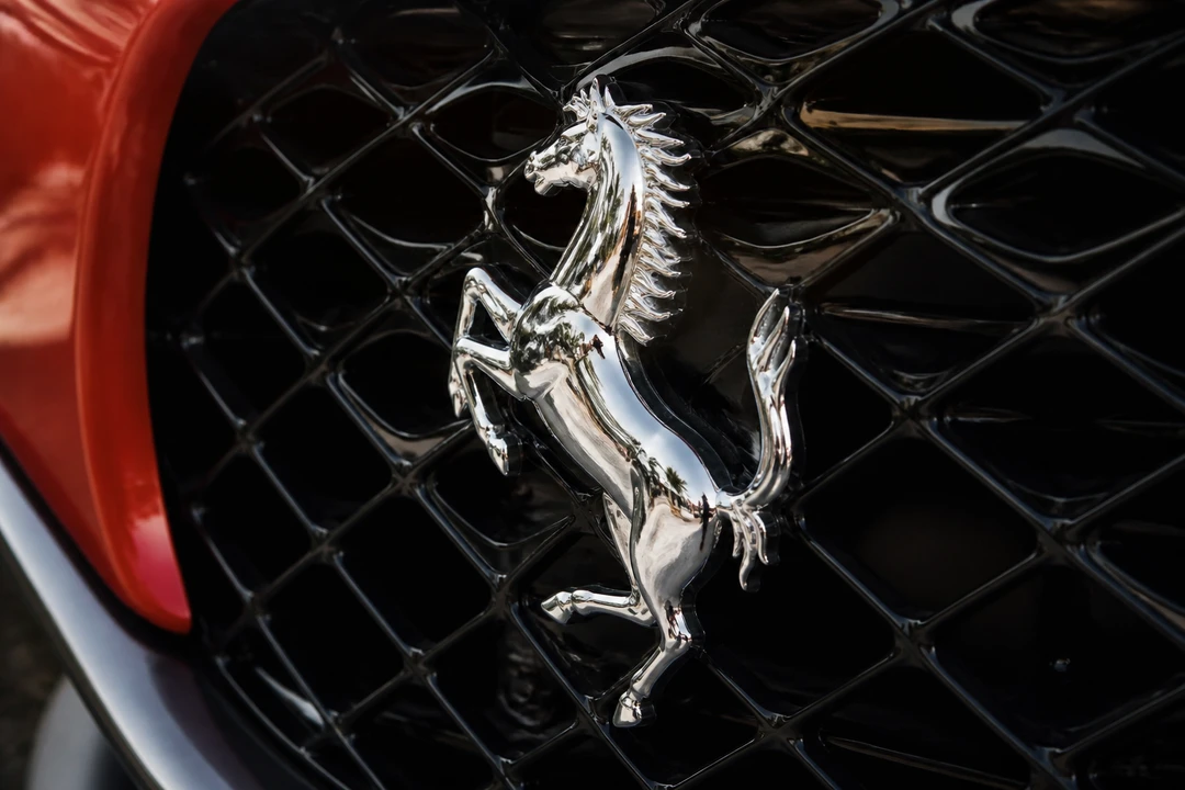Ferrari Purosangue Prancing Horse badge detail for Ferrari identity on a luxury SUV body