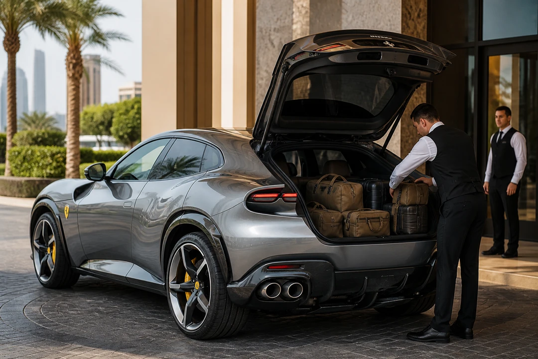 Ferrari Purosangue open hatch with holiday luggage for luxury SUV rental Dubai packing plans