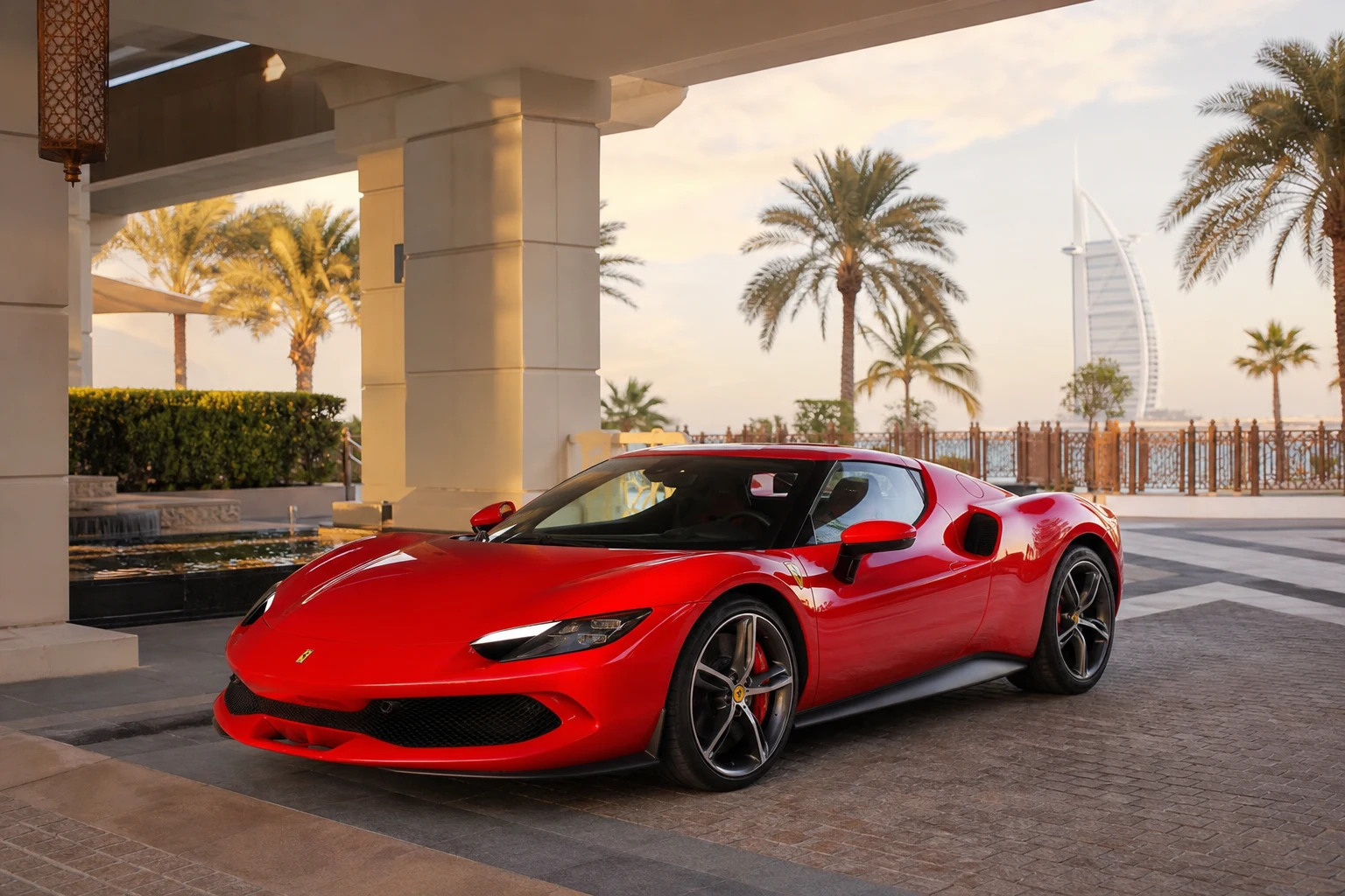 Ferrari rental Dubai guide hero with a 296 GTB at a Jumeirah hotel porte-cochère in late afternoon