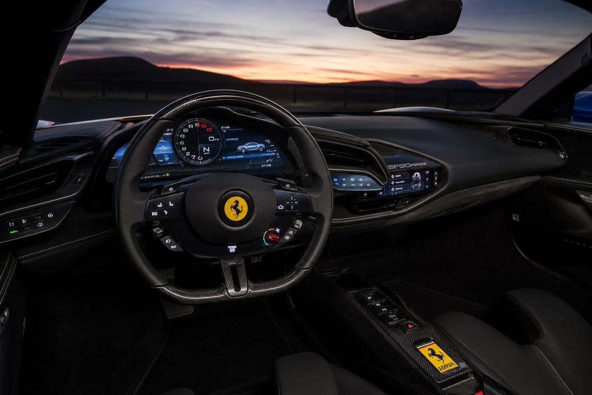 Ferrari SF90 Spider cockpit for exotic car rental Dubai open-air evenings