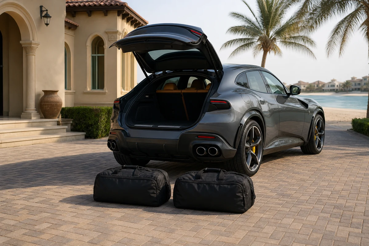 Ferrari Purosangue tailgate with soft cases at a Palm villa for Ferrari hire Dubai with extra seats