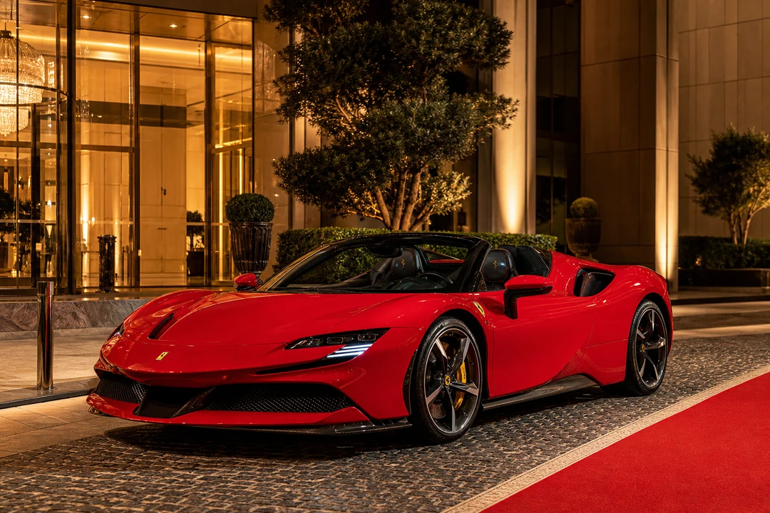 Ferrari SF90 Spider open-top at a luxury Dubai hotel porte-cochere for flagship arrival moments