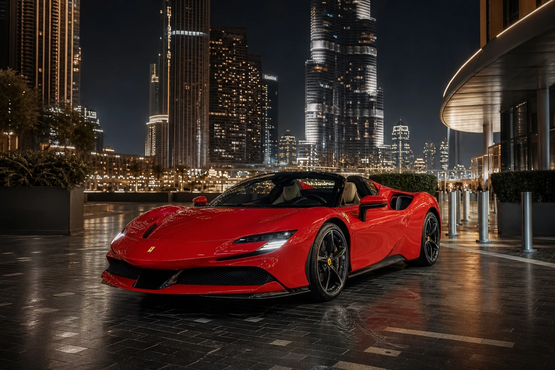 Ferrari SF90 Spider exterior at Downtown Dubai night arrival for rent Ferrari SF90 Spider Dubai plans
