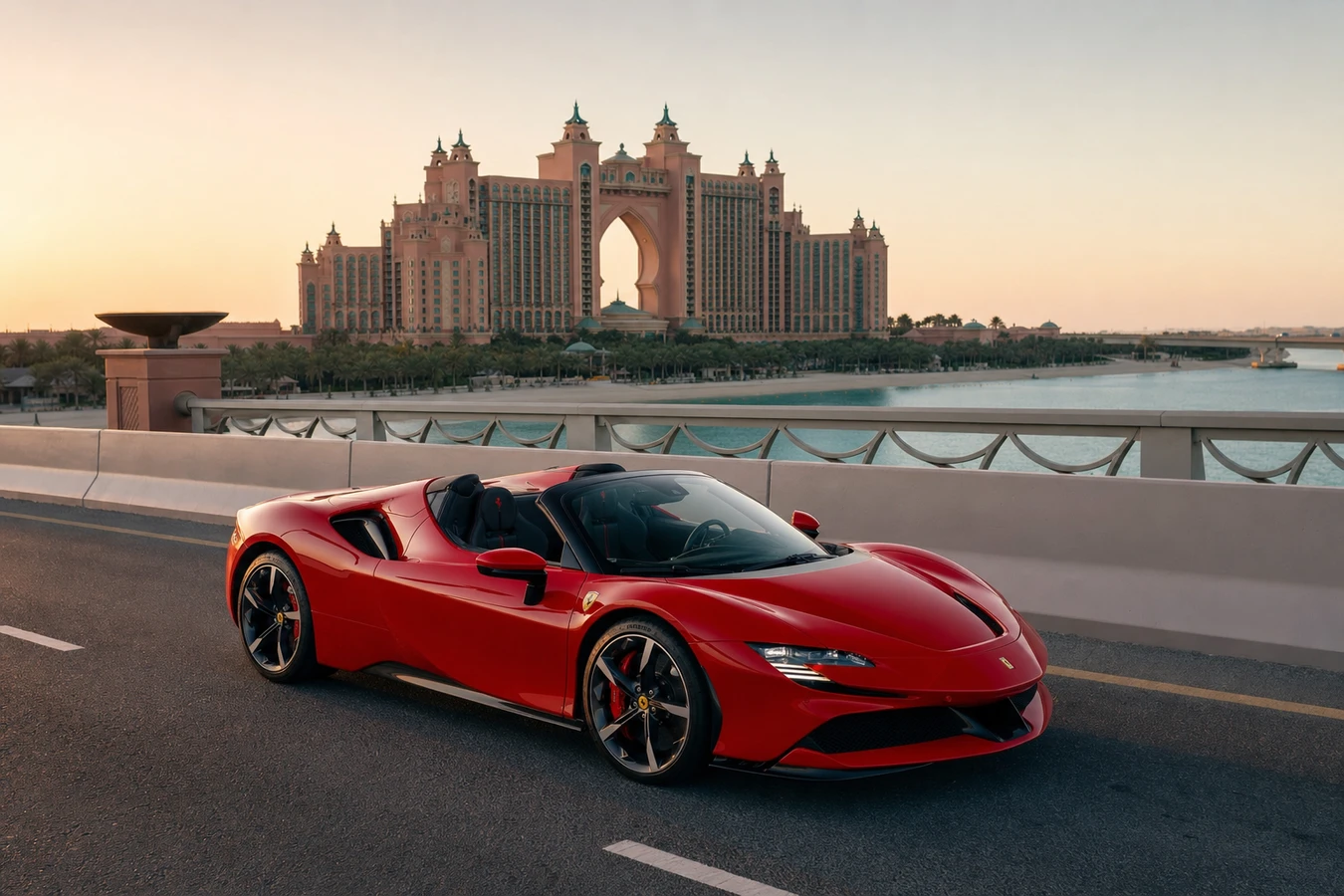 Ferrari SF90 Spider rental Dubai guide hero on Palm Atlantis bridge at dawn with roof stowed