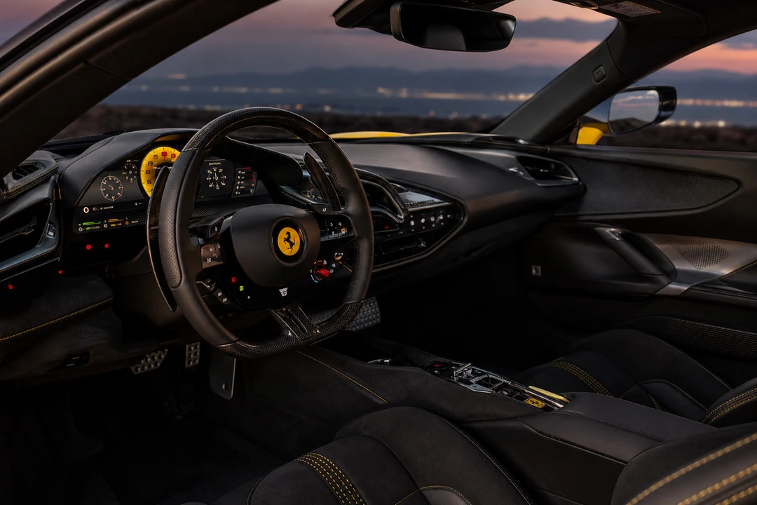 Ferrari SF90 Spider interior cockpit with carbon wheel and digital cluster for celebration drives