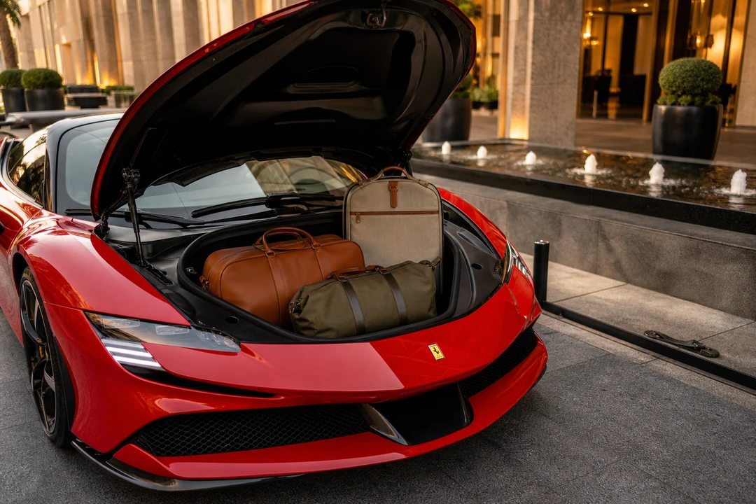 Ferrari SF90 Spider front luggage space with weekend bags for a two-seat celebration trip