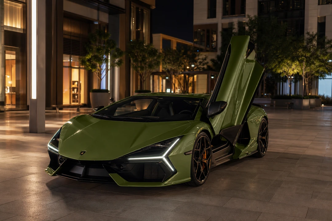 Lamborghini Revuelto with scissor door open at City Walk Dubai for supercar rental Dubai arrivals