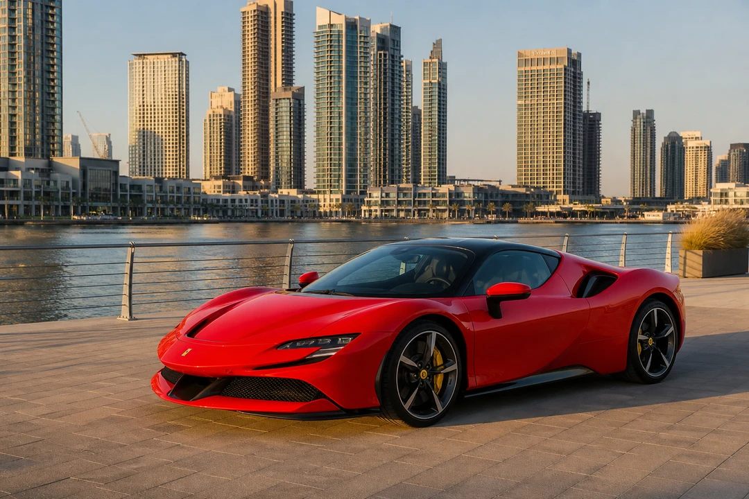 Ferrari SF90 Stradale at Dubai Creek Harbour for luxury car comparison Dubai hybrid supercar weeks