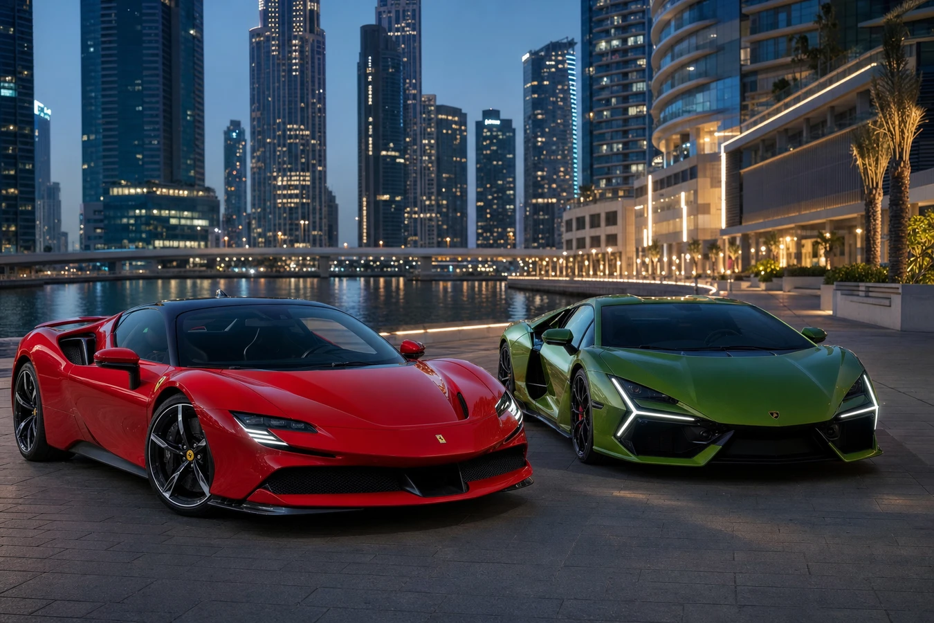 Ferrari SF90 vs Lamborghini Revuelto Dubai hero with a red SF90 Stradale and green Revuelto at Business Bay canal