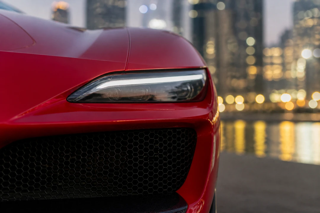 Ferrari SF90 slim headlight detail for Ferrari SF90 vs Lamborghini Revuelto Dubai identity