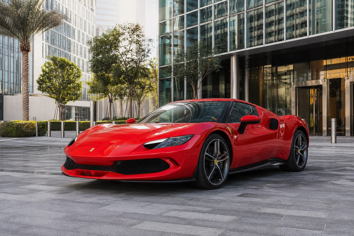 Ferrari 296 GTB exterior at DIFC for luxury car comparison Dubai and Ferrari rental decisions