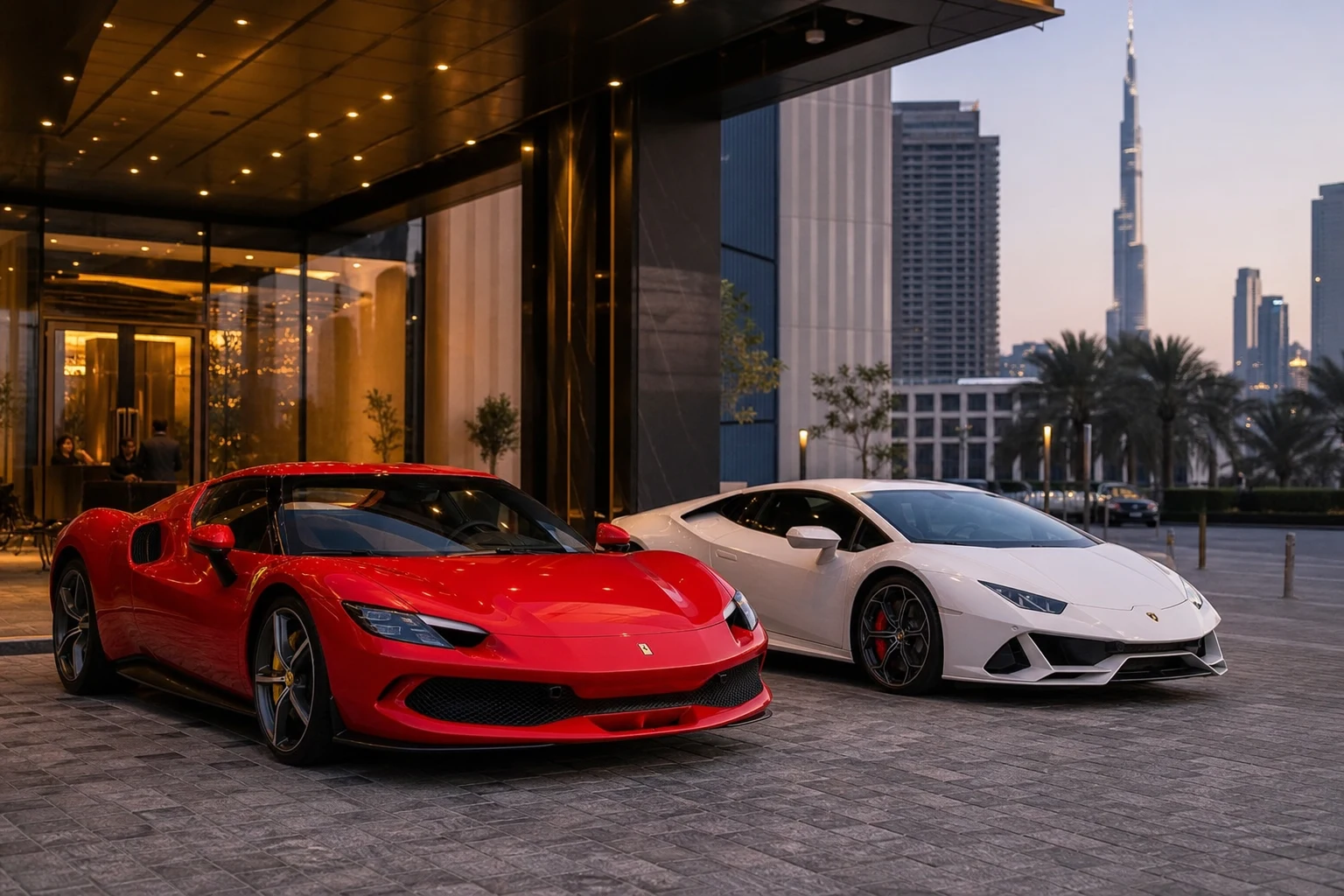 Ferrari vs Lamborghini rental Dubai hero with a 296 GTB and Huracán EVO at a Downtown hotel porte-cochère