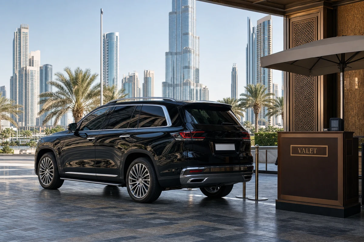 Luxury car delivery to hotel Dubai at Address Downtown valet podium with tower backdrop