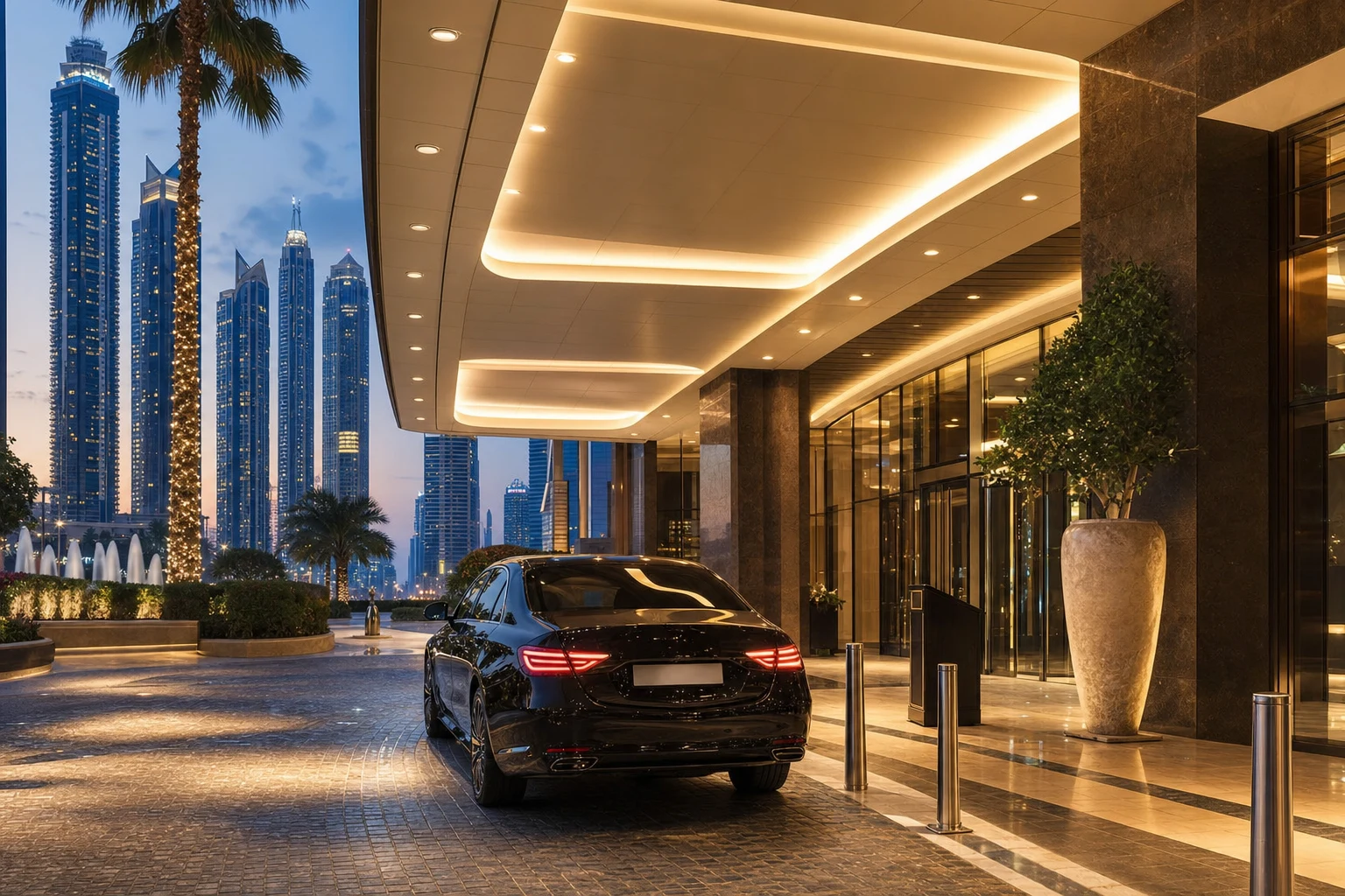 Hotel car handover Dubai guide hero with luxury sedan at a five-star hotel porte-cochère at dusk