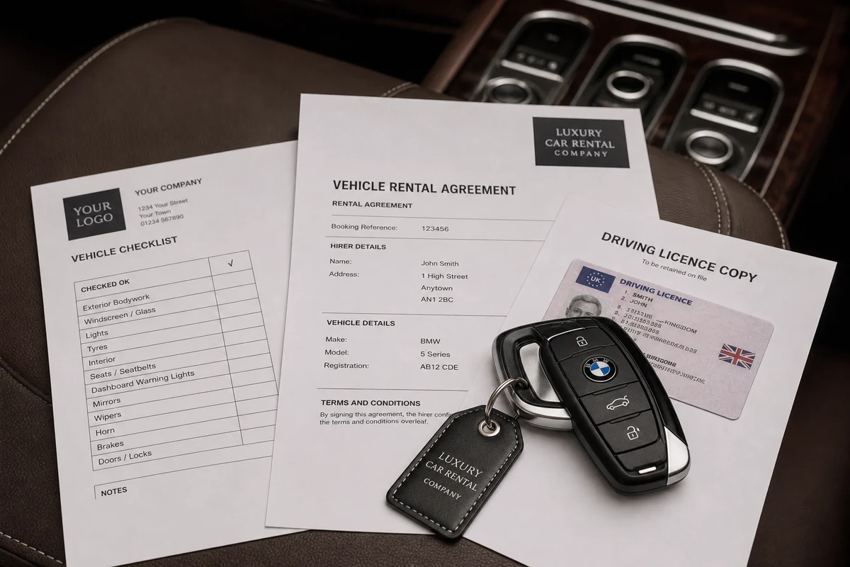 Hotel rental car handover checklist with keys, licence copy, and rental papers on a luxury car centre console