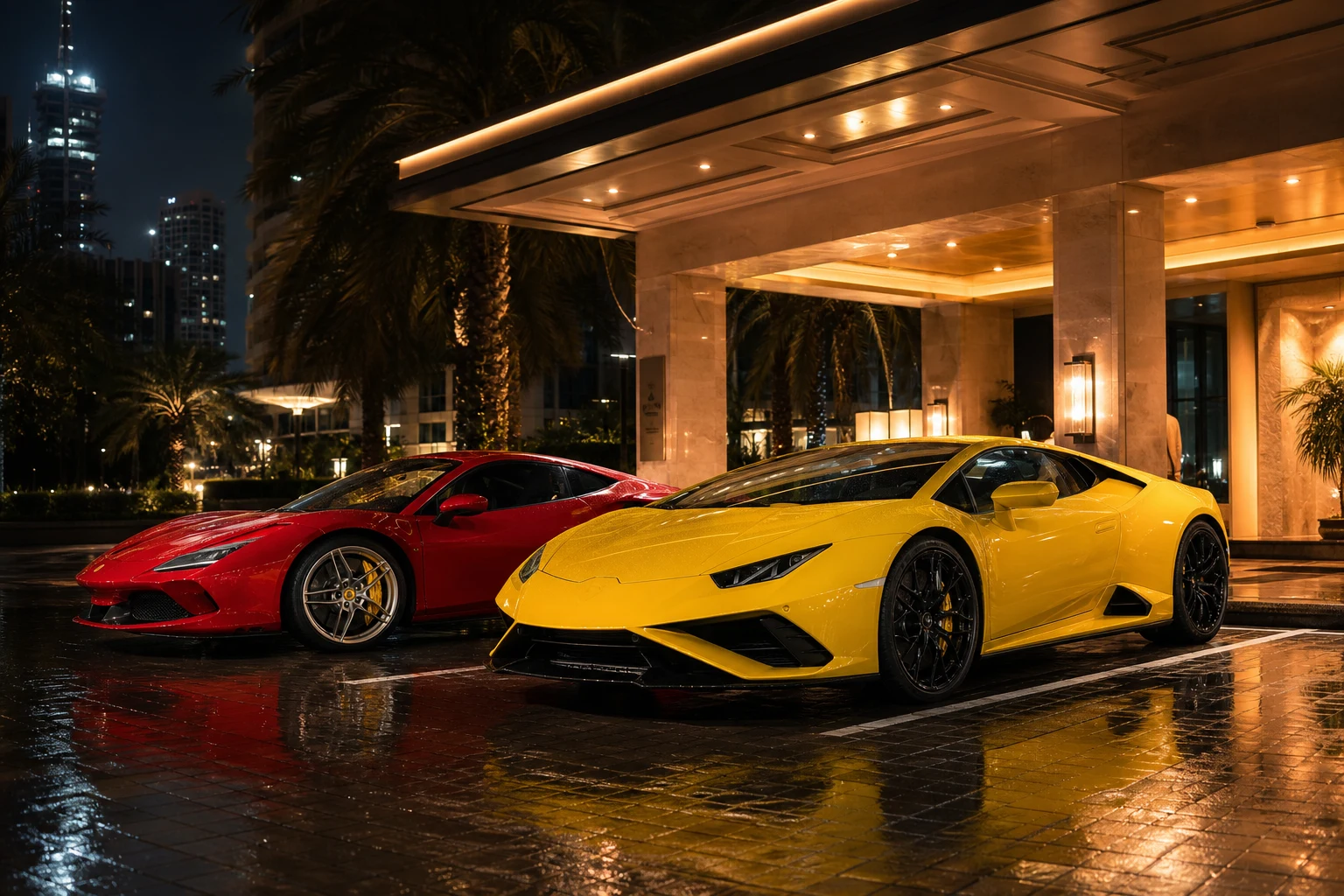 Supercar rental Dubai hero with a Ferrari and Lamborghini at a hotel porte-cochère at night