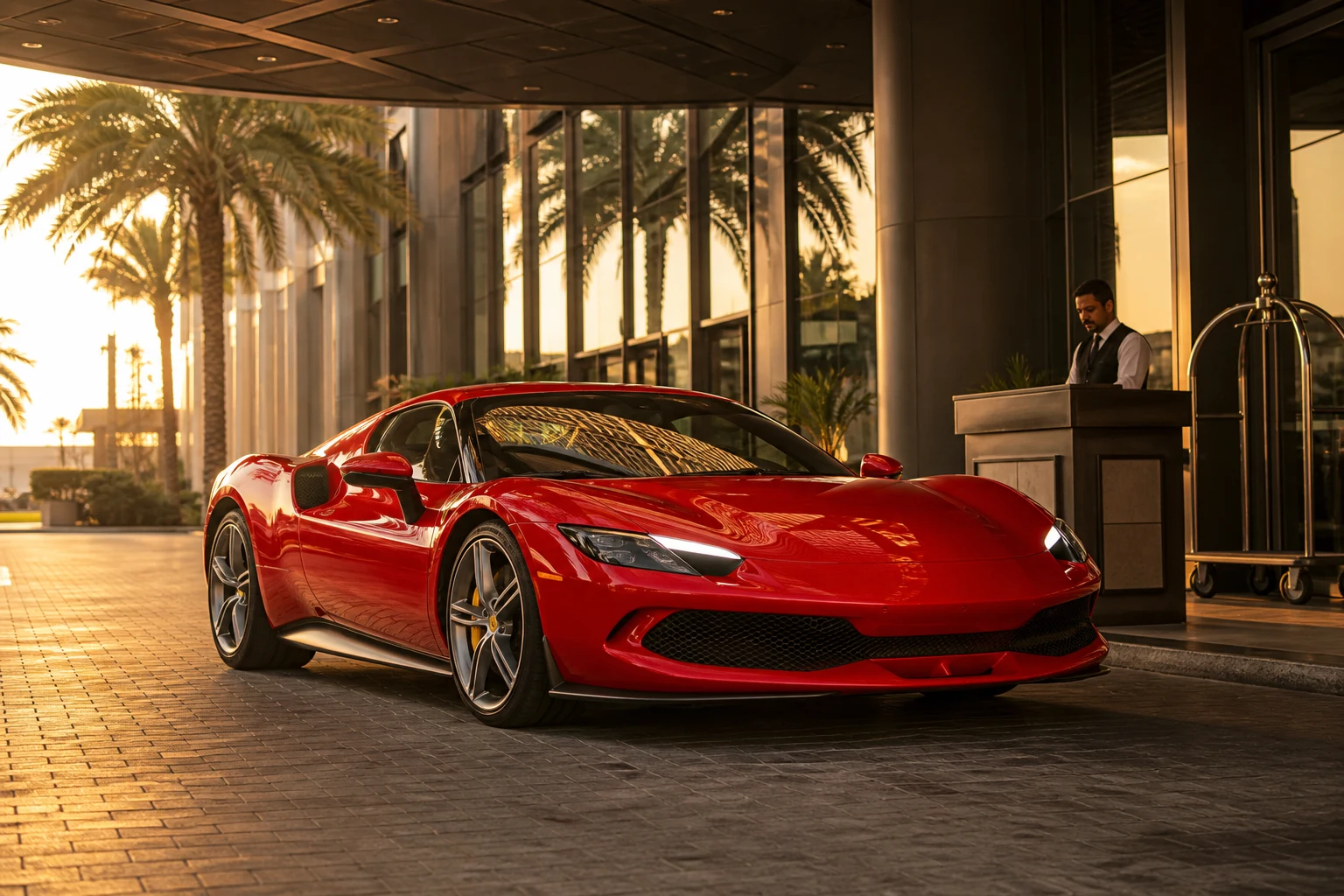 Ferrari rental Dubai hero with a red Ferrari 296 GTB at a hotel porte-cochère