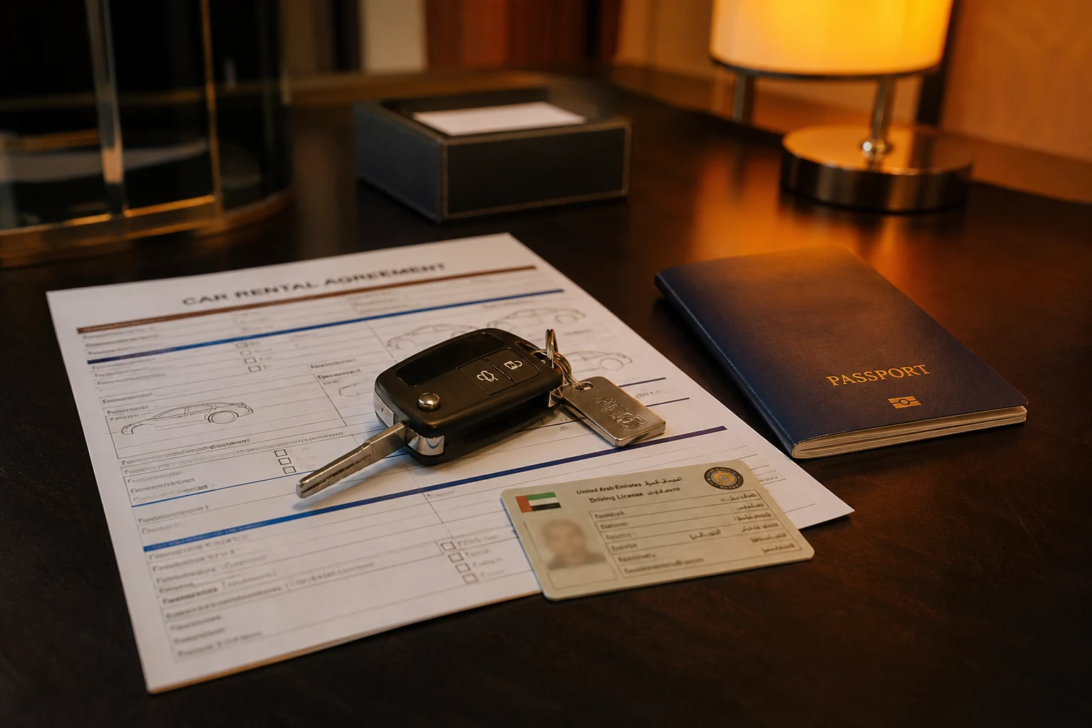 Dubai car rental agreement, passport, and keys on a hotel desk before self-drive handover