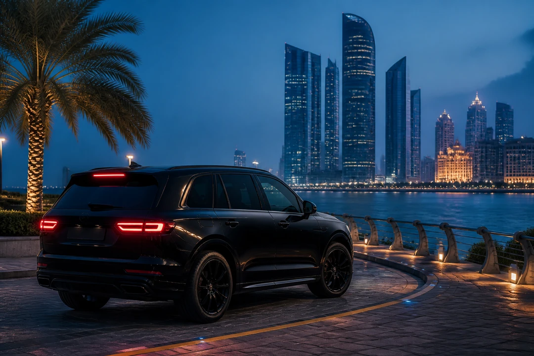 Dubai to Abu Dhabi car rental luxury SUV at an Abu Dhabi waterfront overlook during blue hour