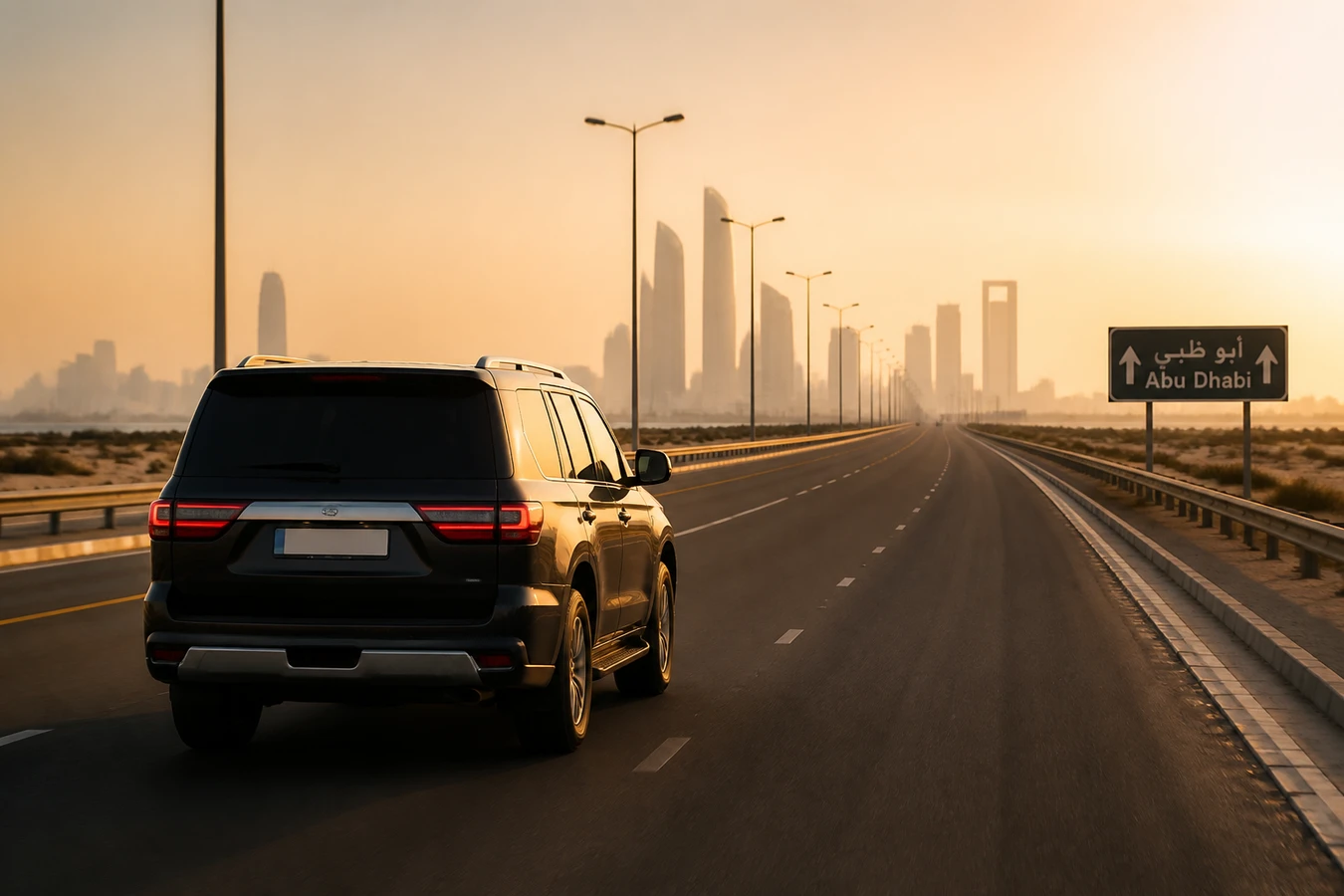Inter emirate car rental from Dubai guide with a luxury SUV on the UAE highway toward Abu Dhabi at golden hour