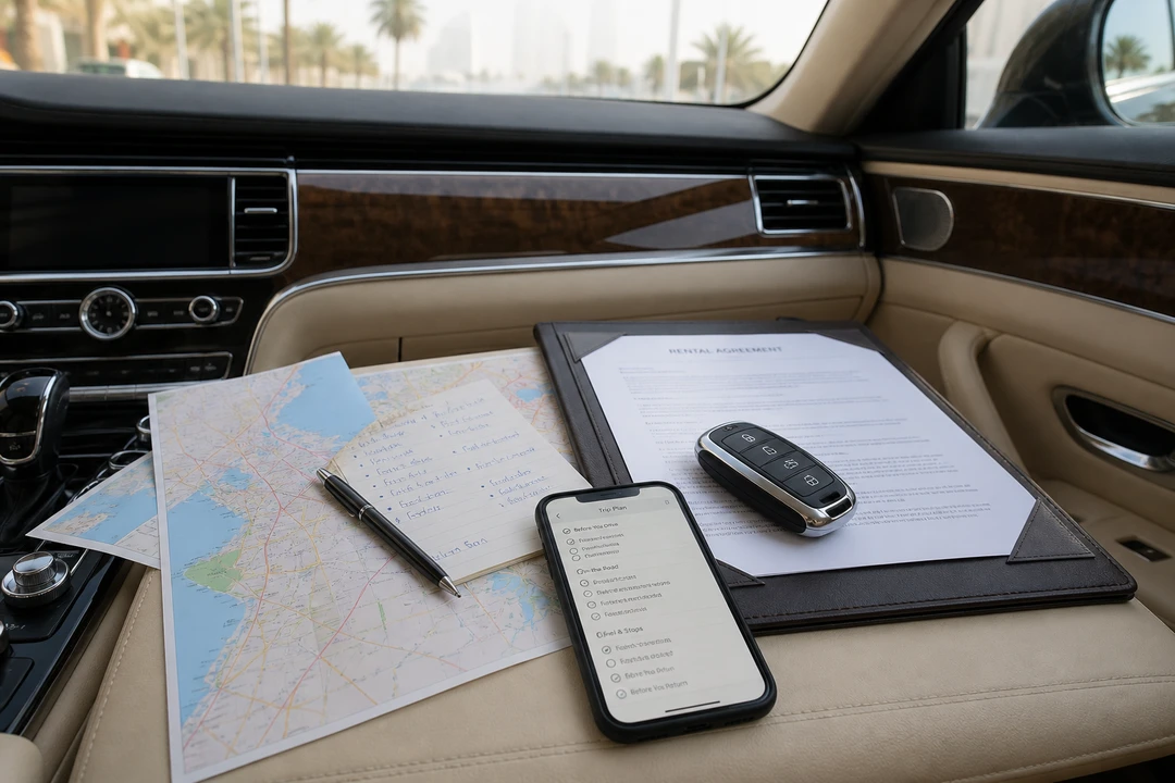 UAE inter emirate rental checklist with route notes, keys, and booking confirmation on a luxury cabin console