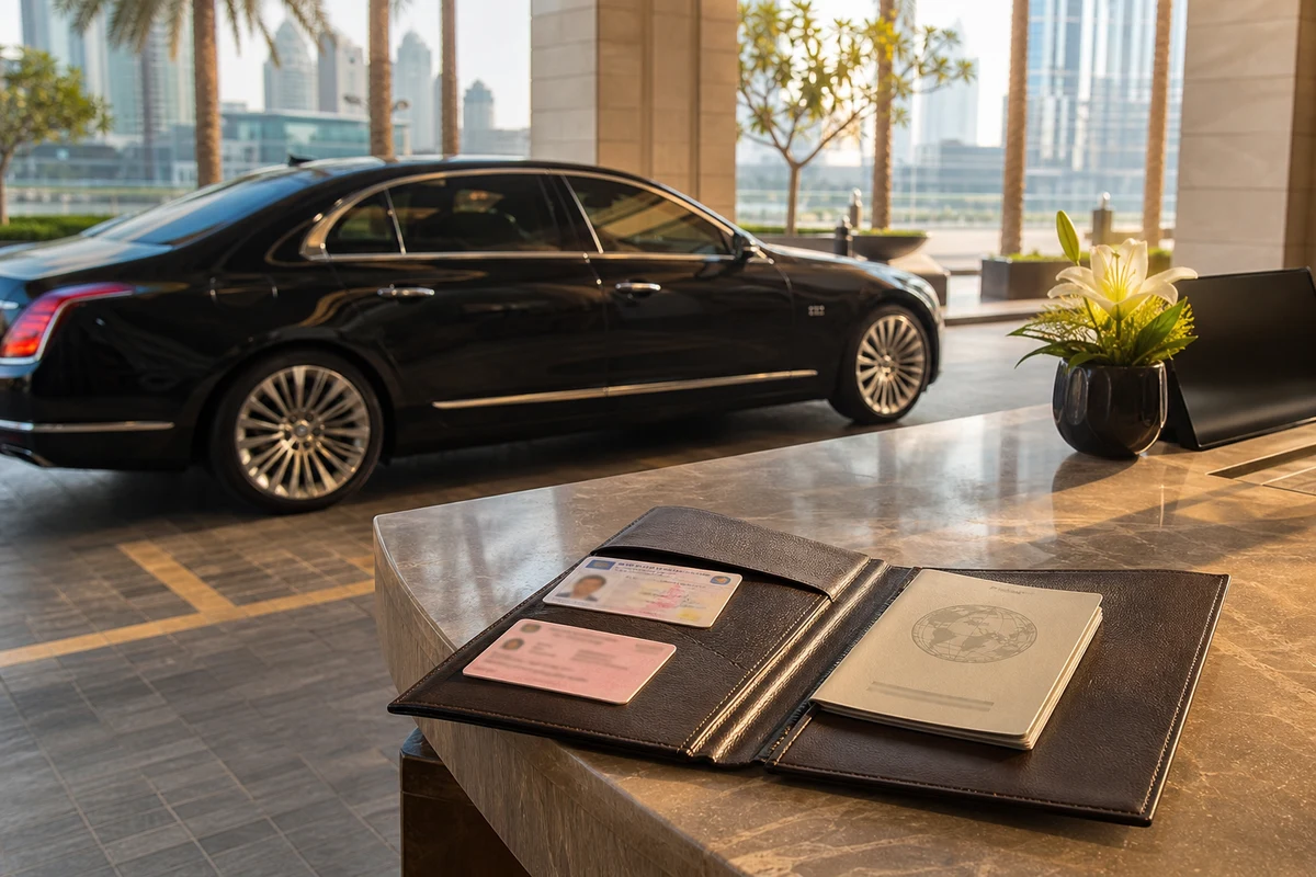 Dubai rental car documents at a hotel lobby desk with a licence folder before luxury car hire Dubai handover