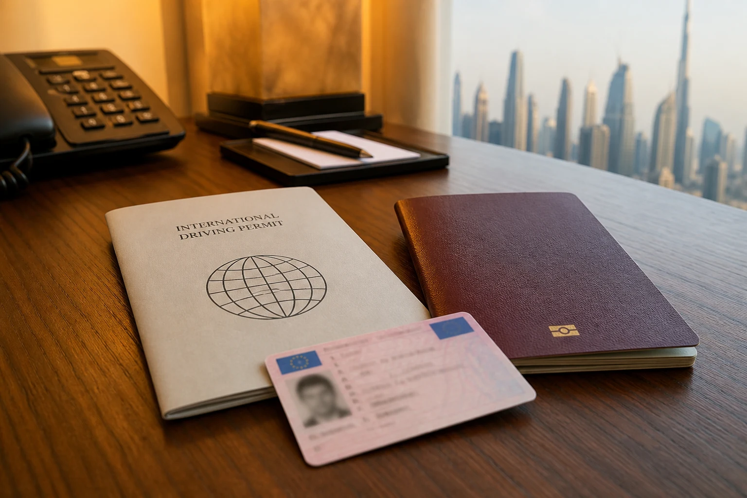 International driving permit car rental Dubai: IDP booklet, home licence, and passport on a hotel desk