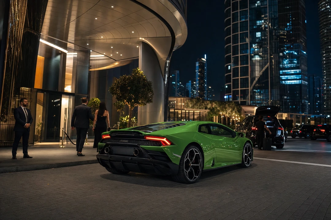 Lamborghini Huracan EVO Coupe at Business Bay tower podium for event arrival rental Dubai experiences
