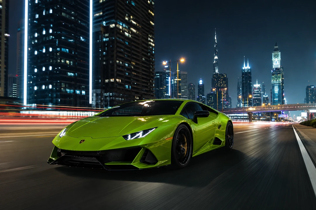 Lamborghini Huracan EVO Coupe exterior on Sheikh Zayed Road at night for supercar rental Dubai plans