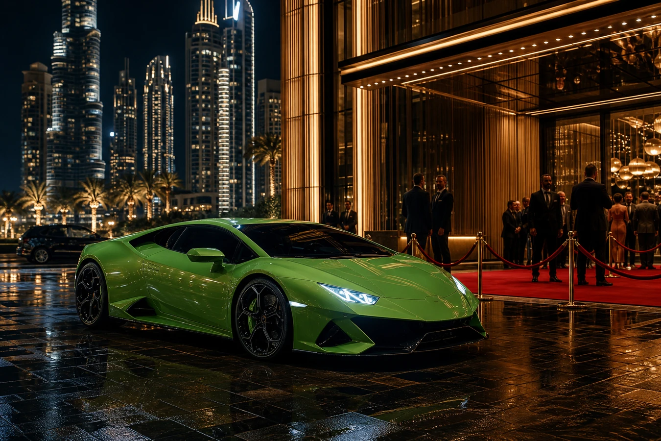 Lamborghini Huracan EVO Coupe rental Dubai guide hero at a lit event venue forecourt at night