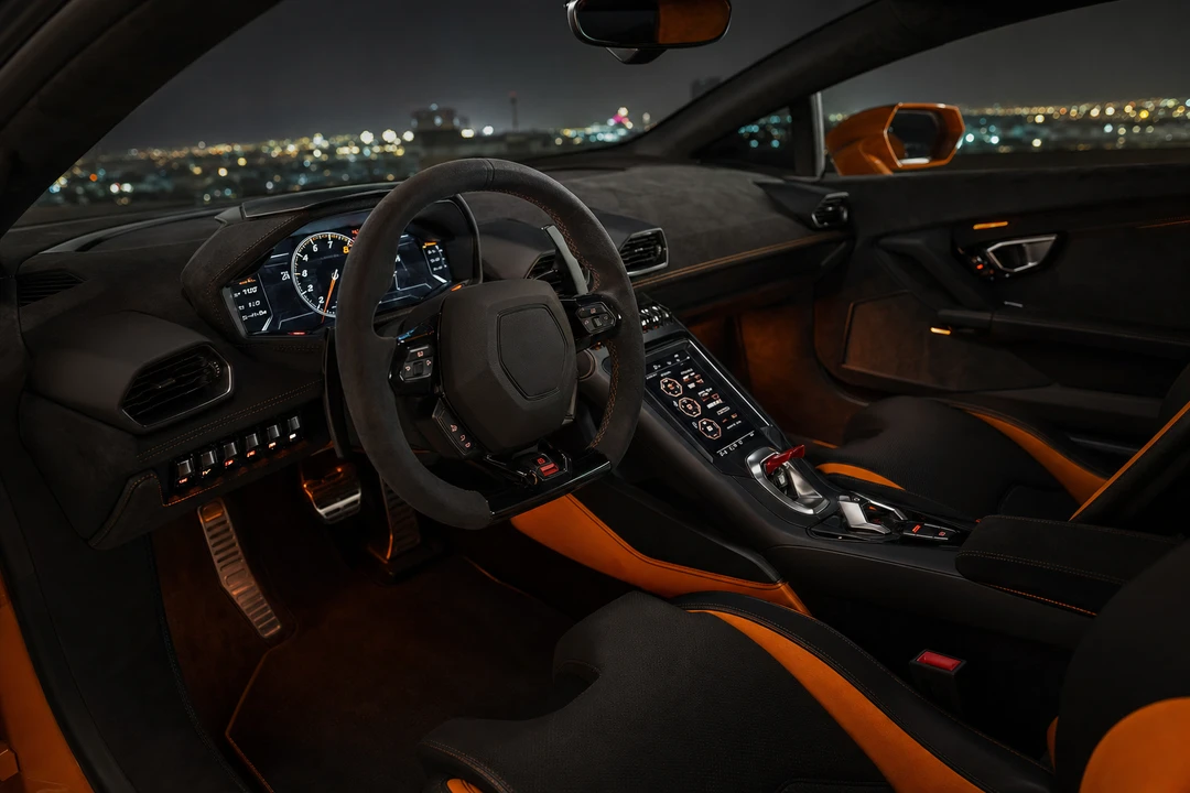 Lamborghini Huracan EVO Coupe interior cockpit with Alcantara and digital dash for Dubai night drives