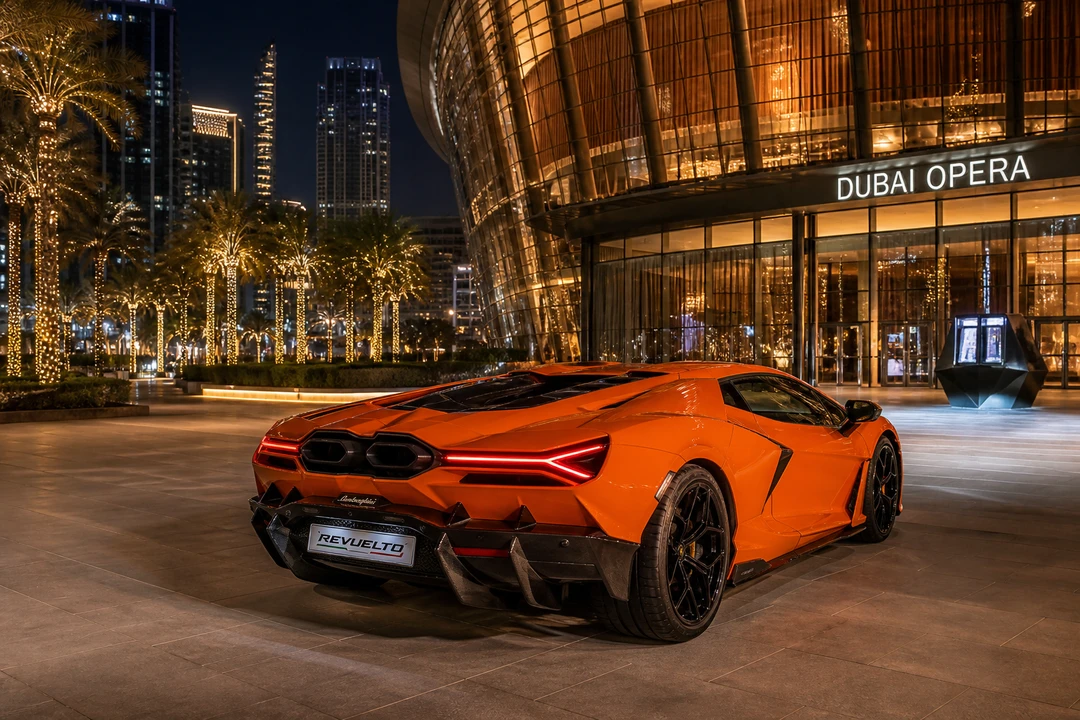 Lamborghini Revuelto at Dubai Opera at dusk for event-led Lamborghini hire Dubai