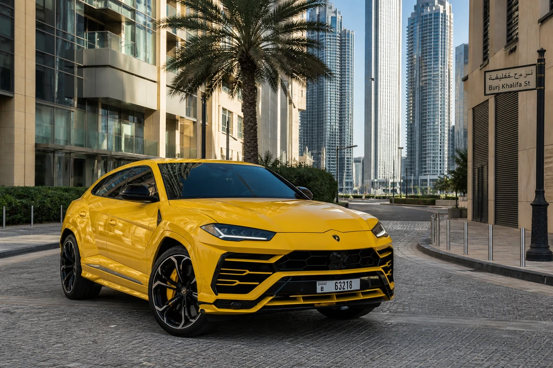 Rent Lamborghini Dubai: Urus on a Downtown street for mixed city weeks