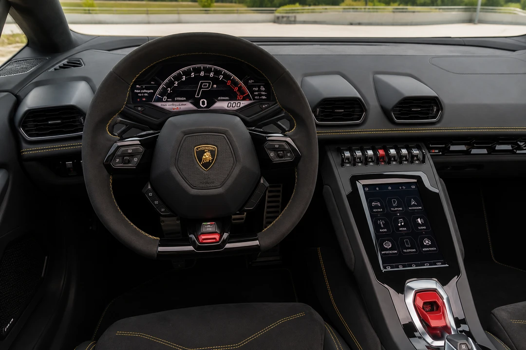 Lamborghini Huracán EVO cockpit for exotic car rental Dubai weekend nights