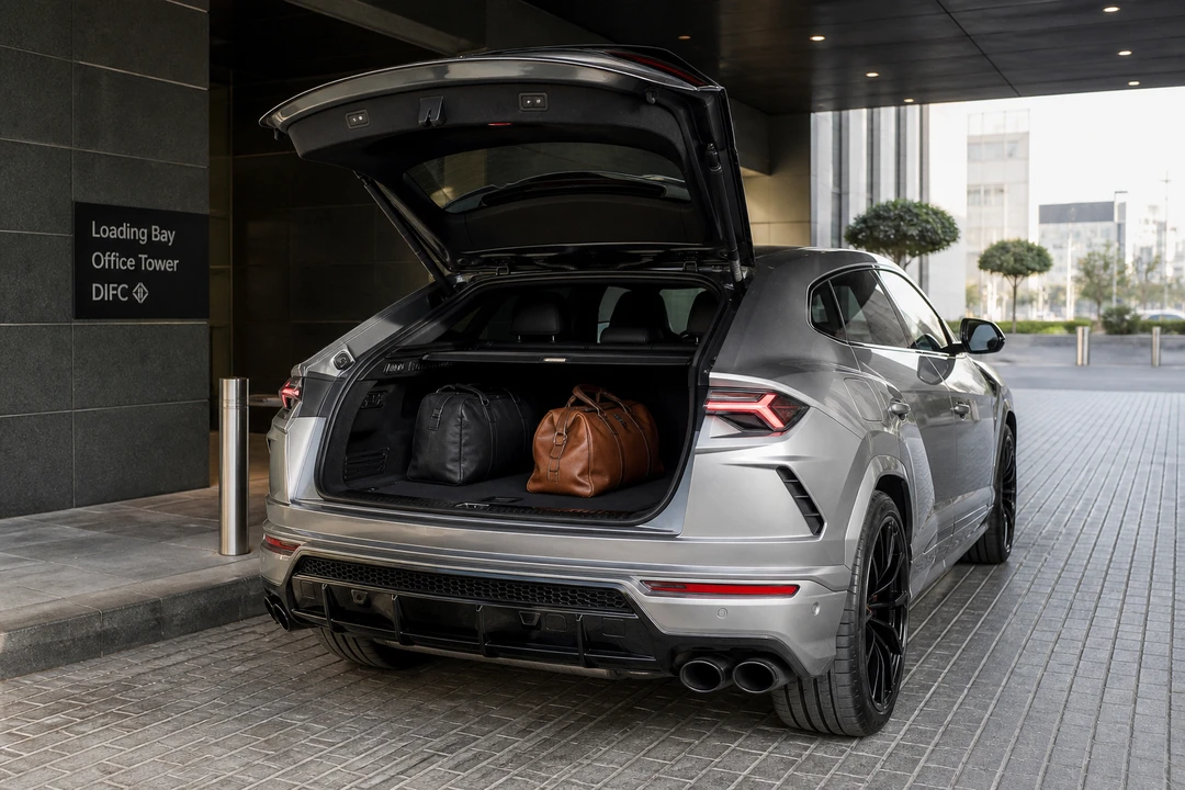 Lamborghini Urus hatch with soft bags at DIFC for luxury car rental Dubai city plans