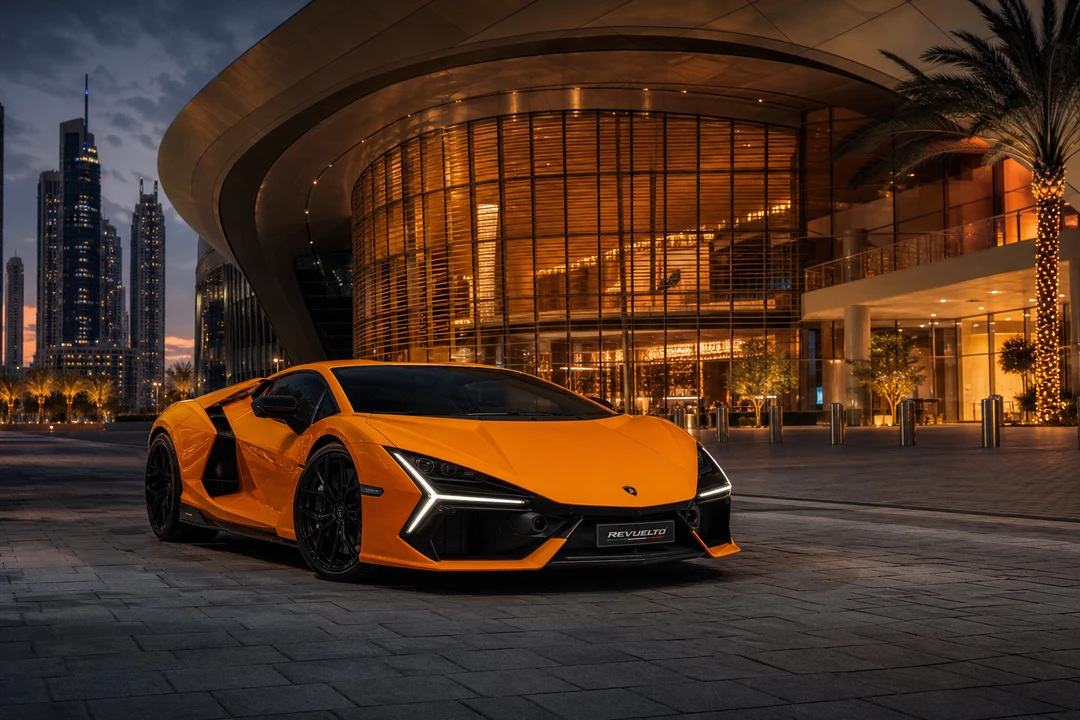 Lamborghini Revuelto at Dubai Opera forecourt arrival for event and high-impact Dubai plans